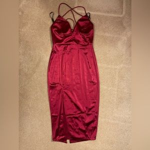 Satin silk wine burgundy strappy slit midi dress size s